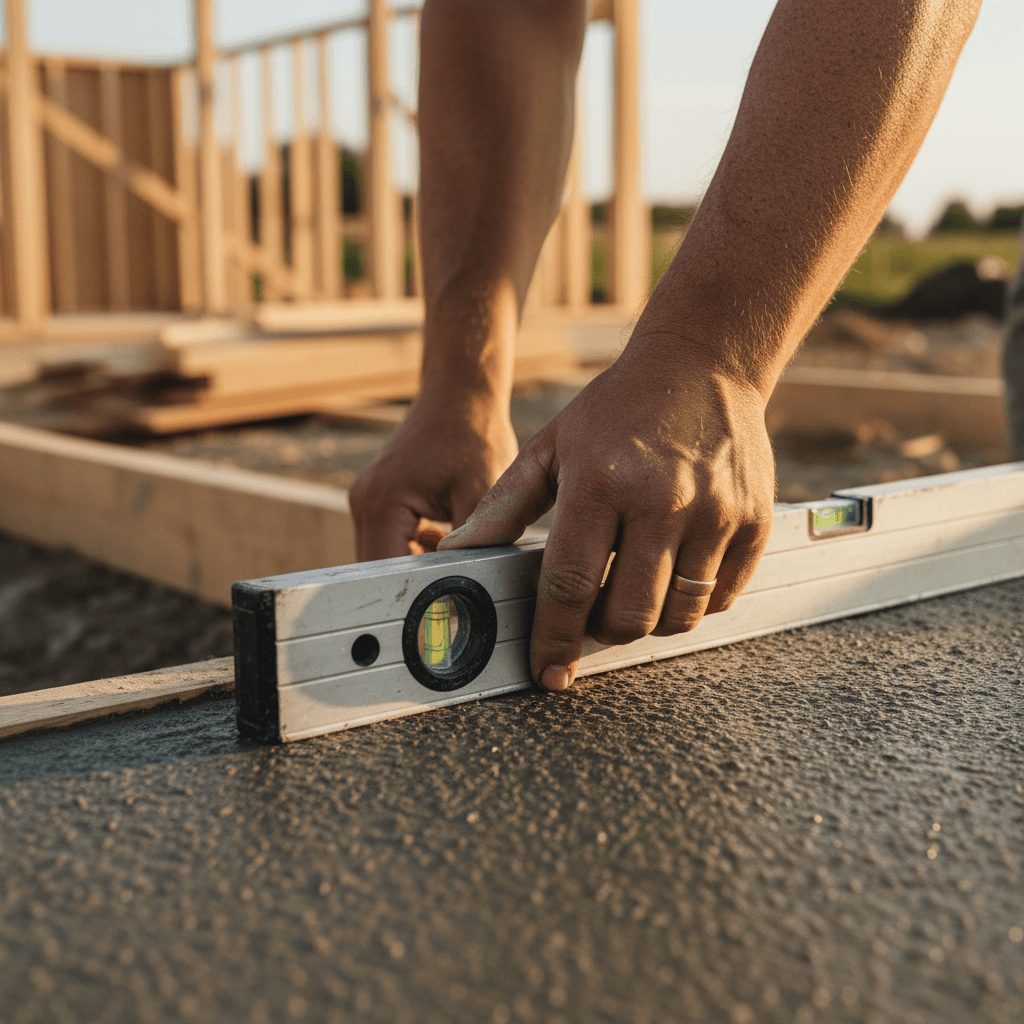 Contractor checking concrete foundation with level during construction