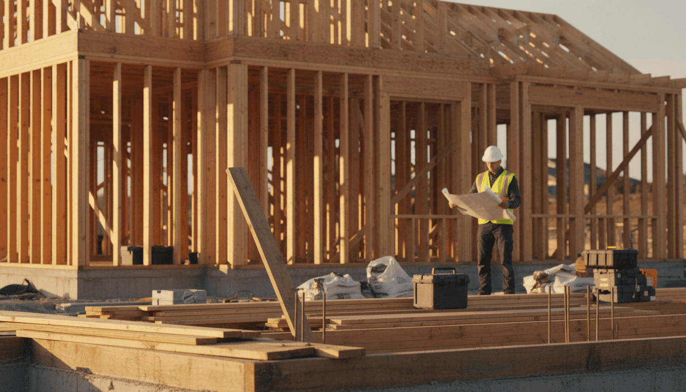 Construction site showing framed residential home with natural lighting and professional building progress