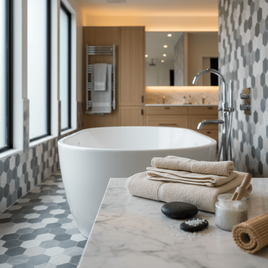 Renovated bathroom with new freestanding soaking tub and tile accent wall