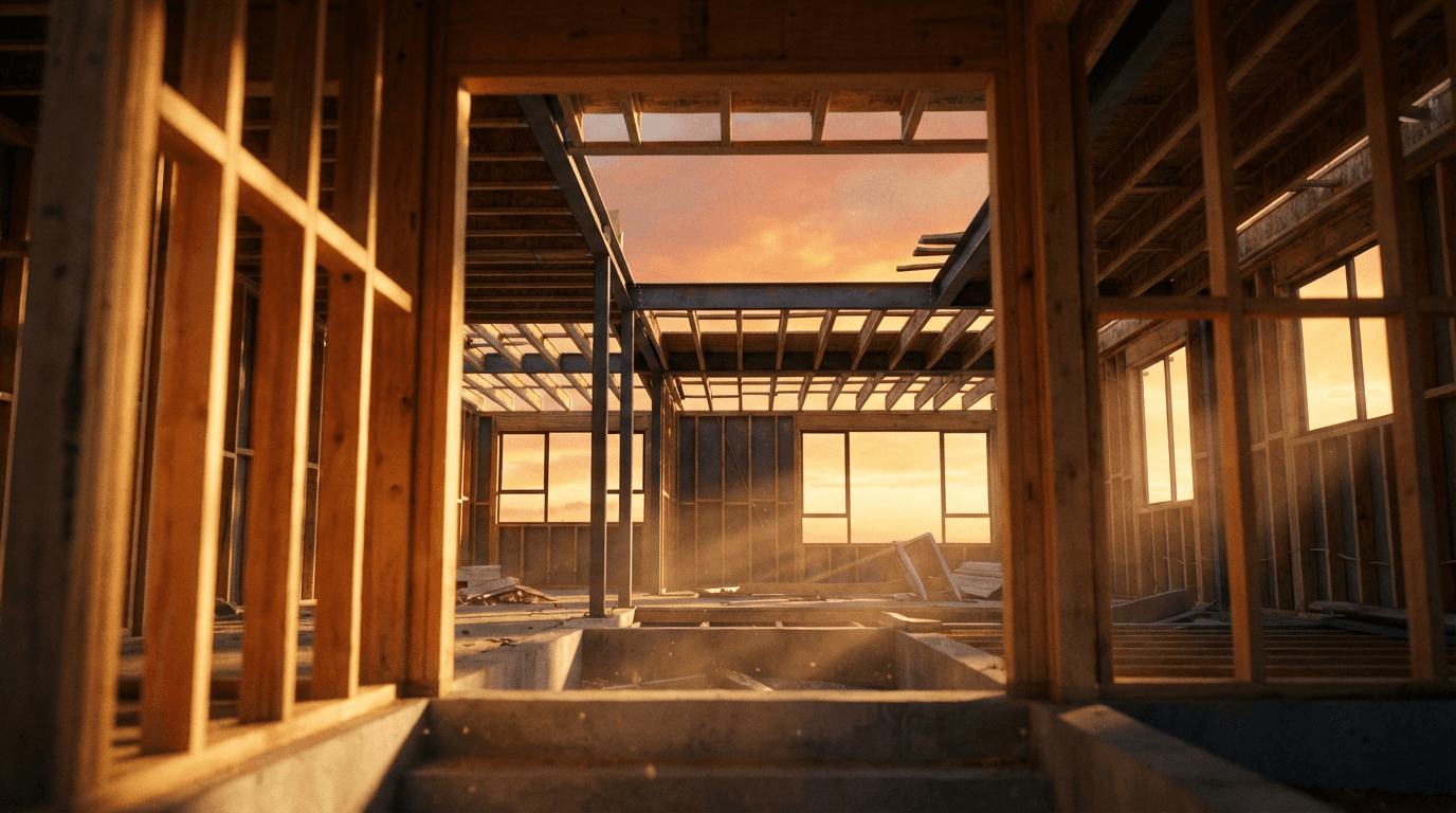 New construction home framing at sunset in North Idaho