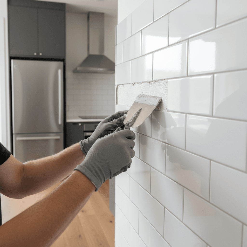 Newly installed subway tile backsplash with contractor finishing grout lines