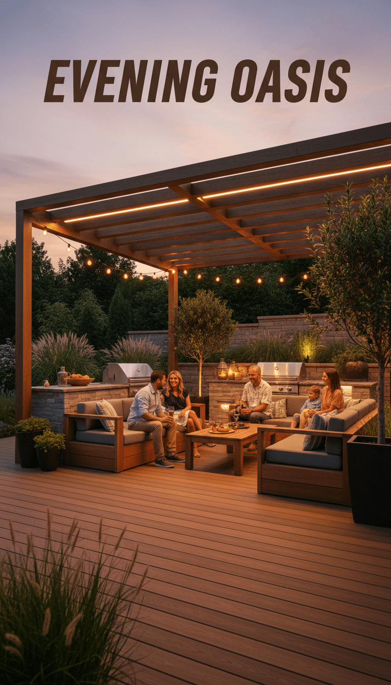Completed backyard design with ambient lighting and outdoor seating
