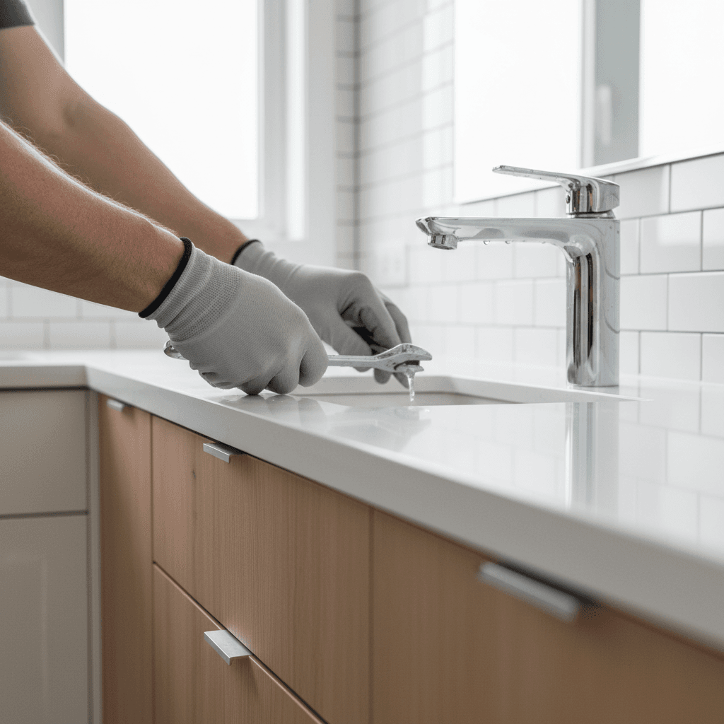 Bathroom fixture installation with new sink and faucet