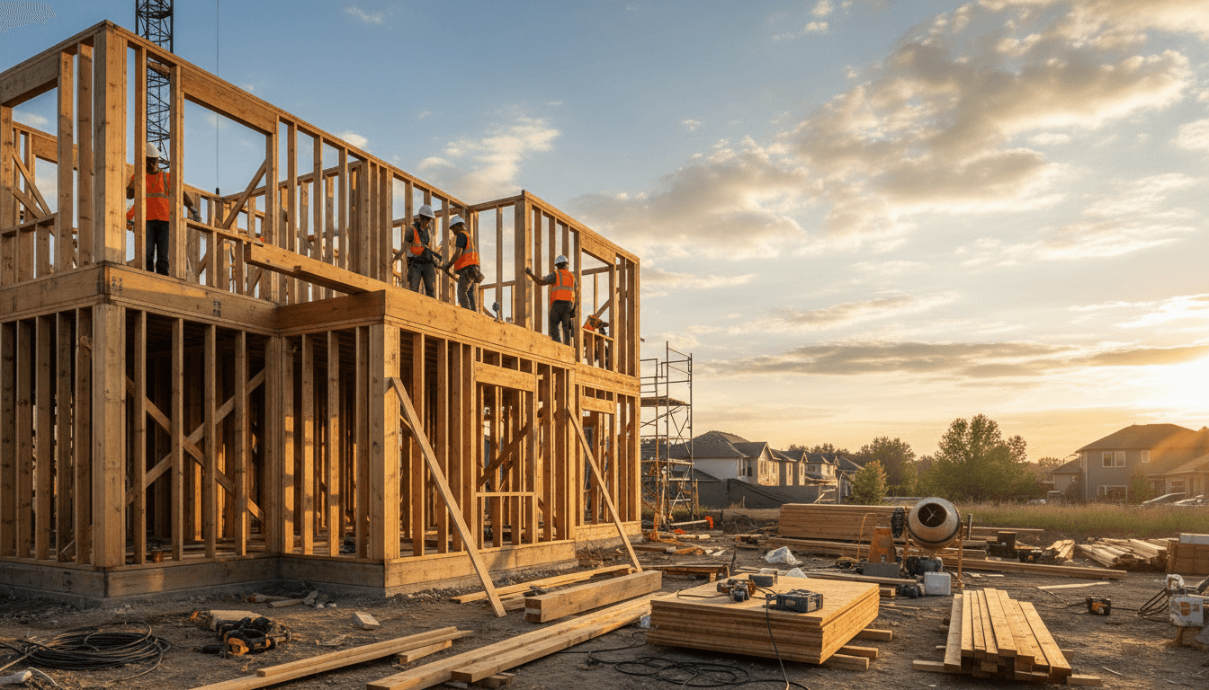 Construction worker reviewing blueprints on a residential building site