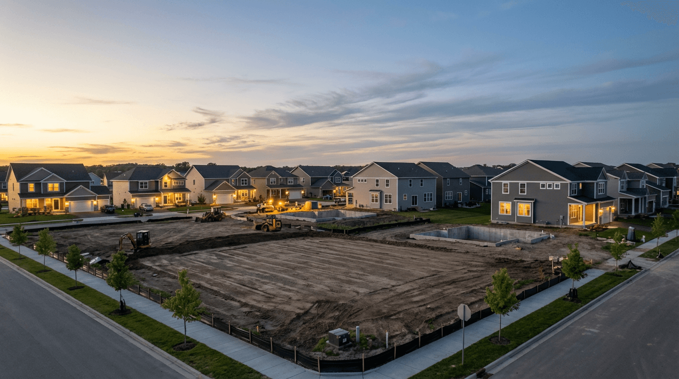 Construction site in North Idaho showing new home framing with contractor reviewing blueprints