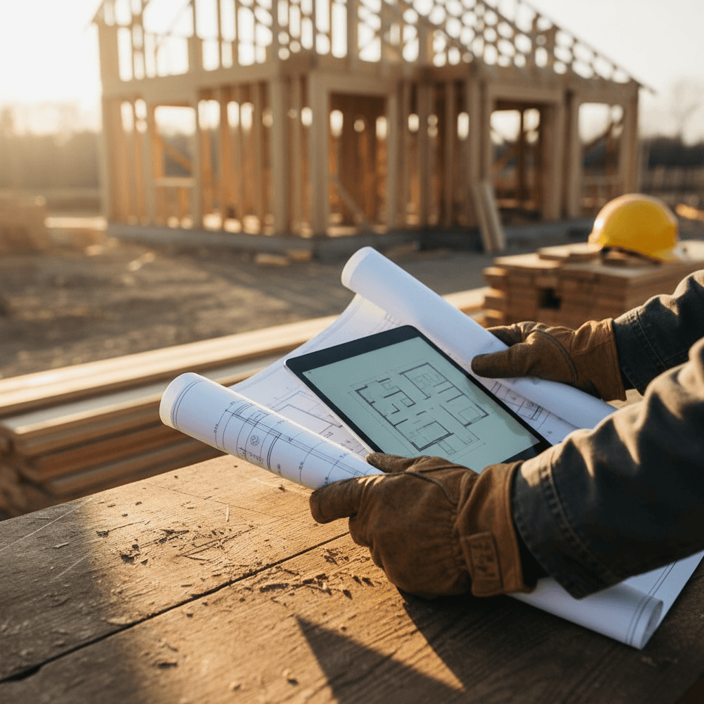 Contractor reviewing construction blueprints