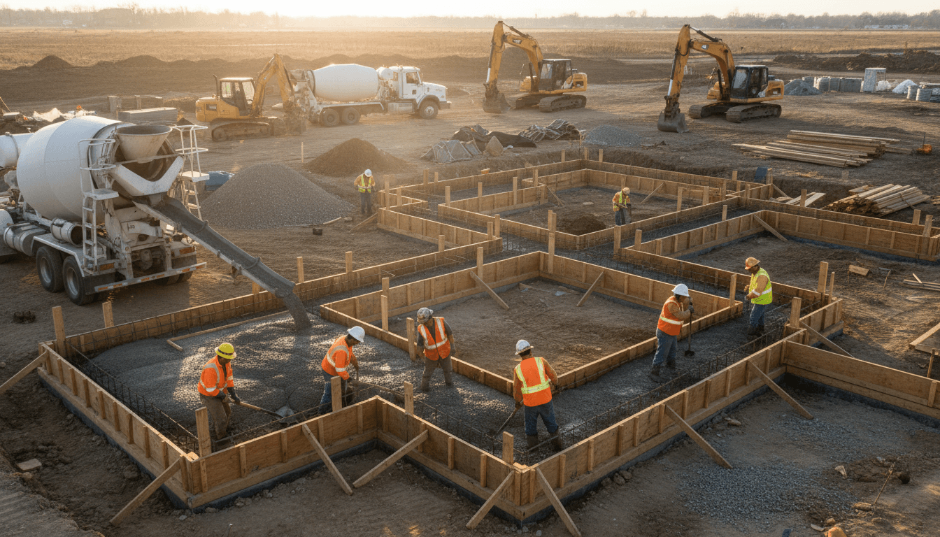 Fresh concrete foundation with construction framing and tools